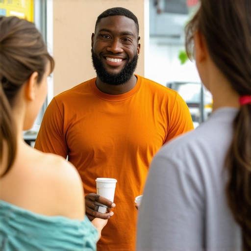 Business owner interacting with locals at a community event