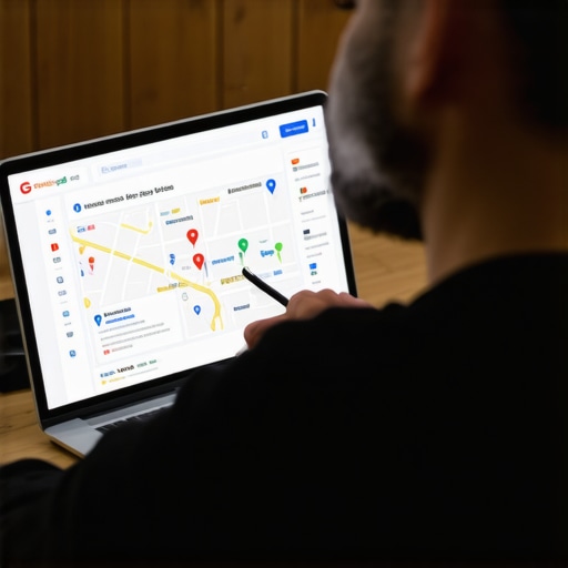 Business owner editing Google My Business profile on laptop with local map