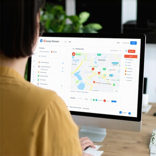 Business owner updating GMB profile on computer with maps and analytics.