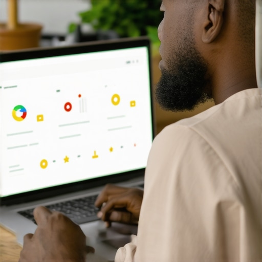 Business owner optimizing Google My Business profile on laptop with charts and reviews