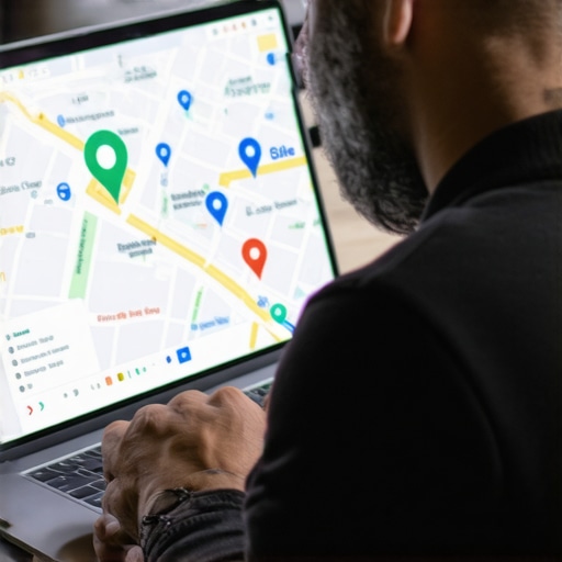 Business owner editing Google My Business listing on laptop with local maps on screen.