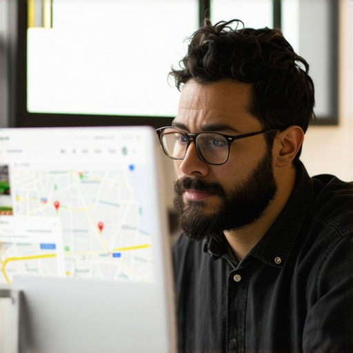 Business owner working on GMB profile with city map background.