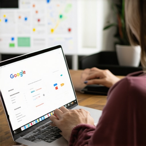 Person editing a Google Business Profile on a laptop with local SEO visuals in the background.