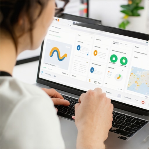 A professional analyzing local SEO data on a laptop with maps and charts displayed.