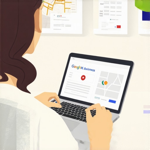 Business owner optimizing Google My Business profile on laptop with maps and charts.