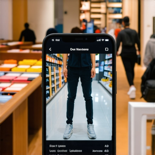 Smartphone displaying augmented reality store activity signals surrounded by store images