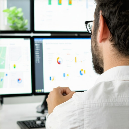 Analyzing Local Listing Data for Map Pack Success A digital marketing professional reviewing local SEO and map pack analytics on multiple monitors.