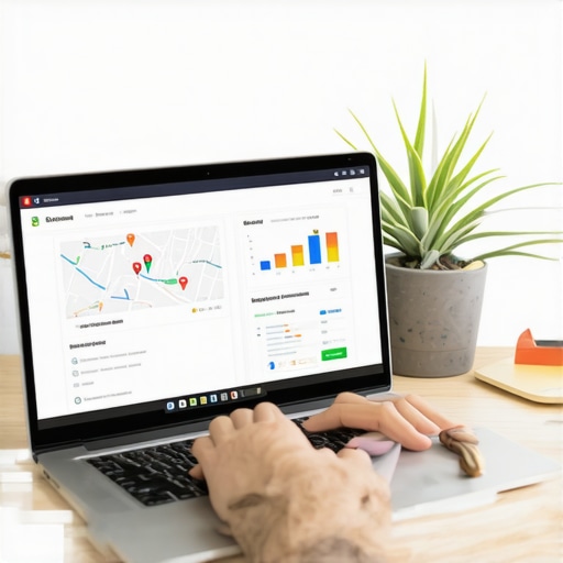 Person working on local business listing optimization on a laptop with maps and analytics