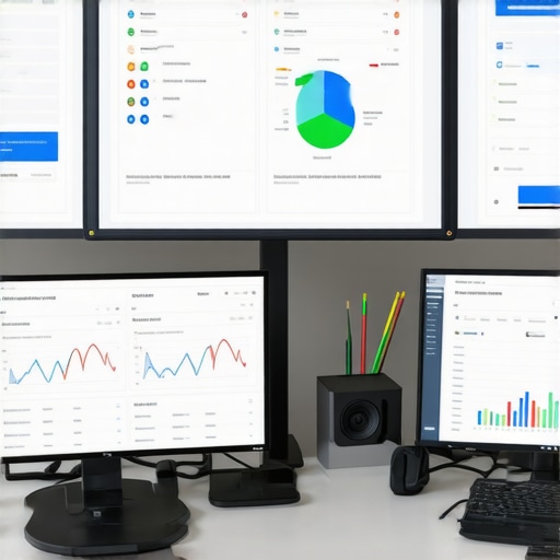 A workspace with computers and dashboards displaying local SEO metrics and IoT device data management.