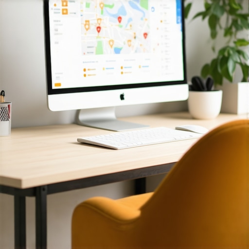 A workspace with multiple screens displaying maps, analytics, and SEO dashboards for local business optimization.