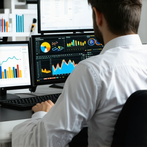 Using advanced tools for local map maintenance Person analyzing local SEO data on multiple monitors, focusing on rankings and reviews