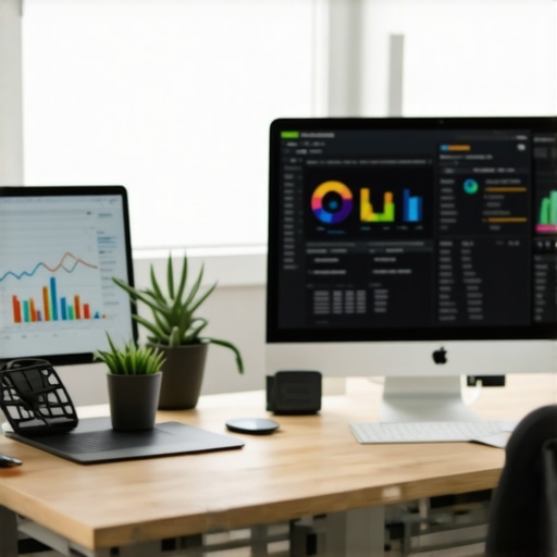 A workspace with analytics dashboards and local SEO monitoring tools