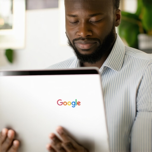 Business owner updating Google My Business profile on laptop.