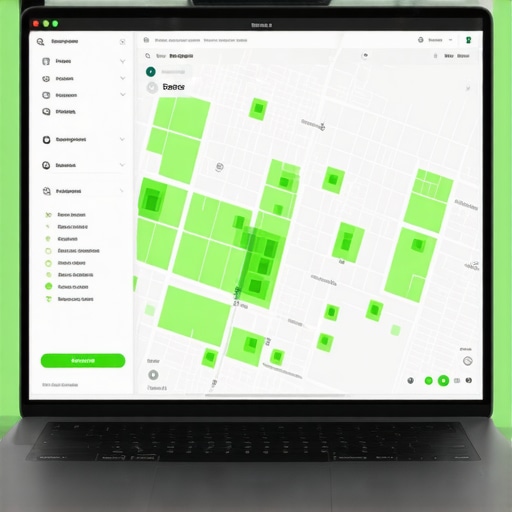 A laptop displaying a local search ranking heat map and SEO analytics dashboard.