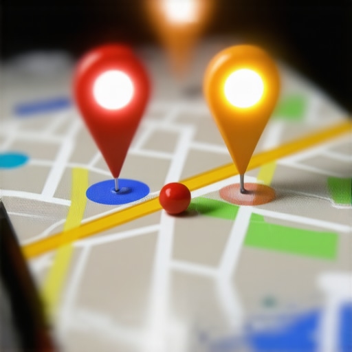 A smartphone screen showing a local map with highlighted business pins and a magnifying glass focus.