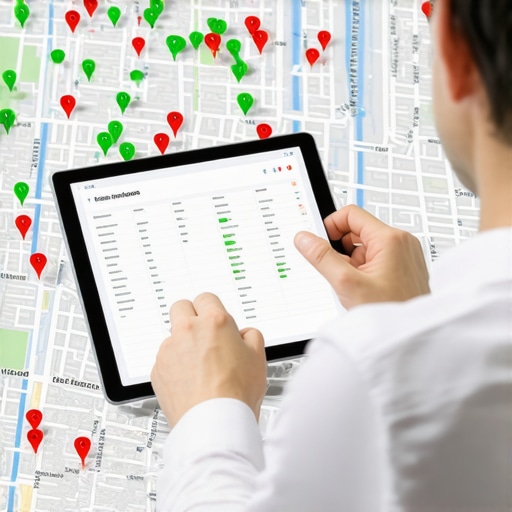 Analyzing Local SEO Heatmap for Rankings A professional analyzing a local business maps heatmap grid on a tablet to track map pack placement.
