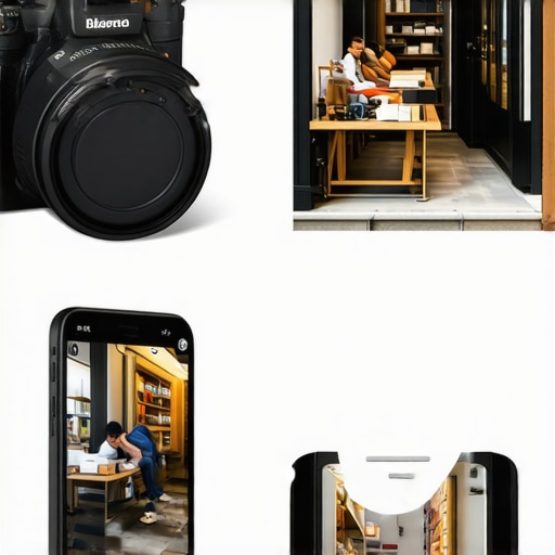 A comparison of a professional DSLR camera and a smartphone taking a photo in a local business to illustrate user-generated content.