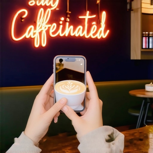 Customer taking a photo in a local business for Google Maps A customer capturing a photo of their coffee in a trendy shop to upload as user-generated content.
