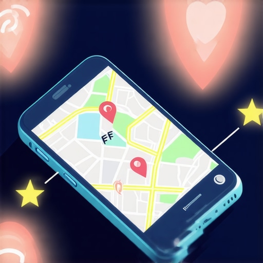 A mobile phone showing map signals and interaction icons representing behavioral ranking factors.