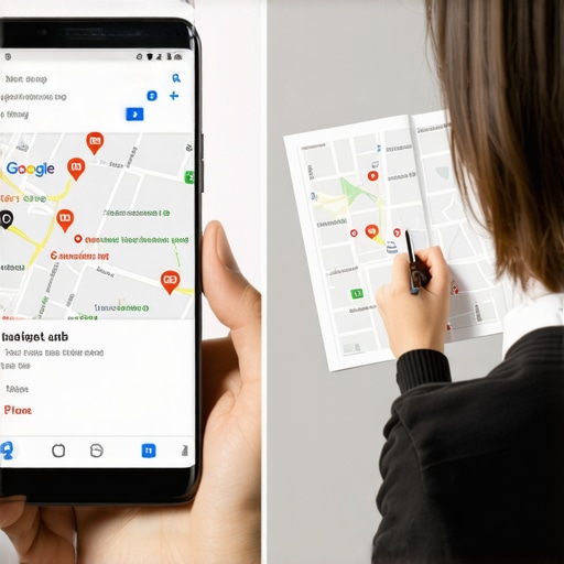 Digital Rank vs Physical Reality Mobile phone displaying local map search results compared to real-world location tracking.