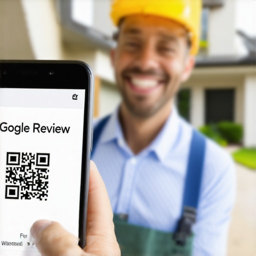 Direct Review Link Strategy A service worker showing a customer how to leave a Google review on a smartphone using a QR code.