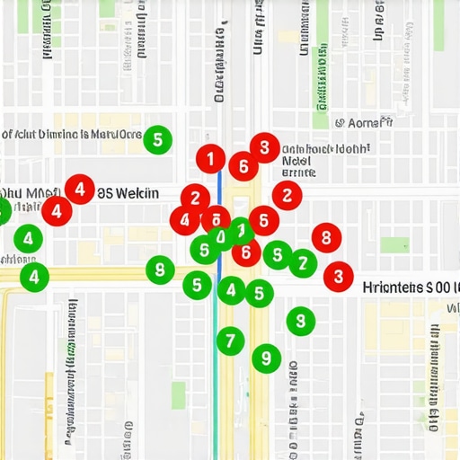 A geogrid map showing local SEO rankings across a specific geographic area