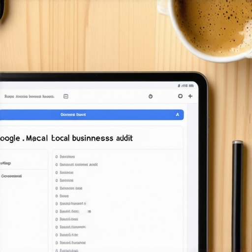 Local Business Map Audit Setup A tablet on a desk displaying a checklist for auditing a Google Business Profile.