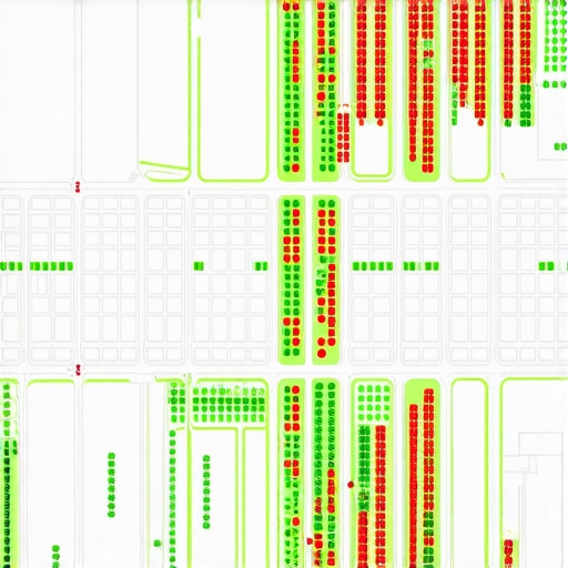 A digital grid showing local search ranking positions across a neighborhood map