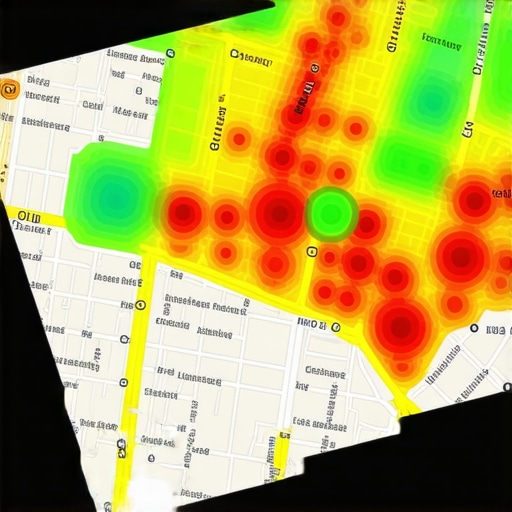 Local Map Pack Ranking Heatmap A visualization of how local business map rankings change across different blocks in a city neighborhood.