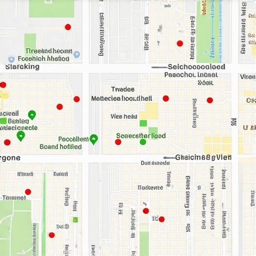 Digital map showing local search rankings across a specific geographic area with color-coded markers.