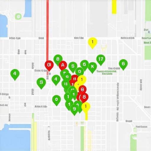 A heat map showing Google Map Pack rankings across a local city grid.