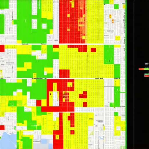 A professional local SEO tool showing geographic ranking data with a heat map grid over a suburban area.