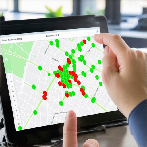 A digital heat map displaying local search ranking performance across a city grid.