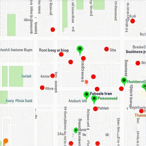 A map showing business ranking strength across different city blocks using a grid tracking tool.