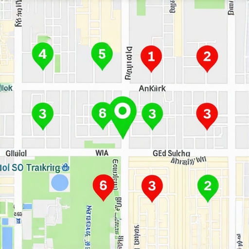 A geographic grid map showing different ranking positions for a local business across various neighborhood points.