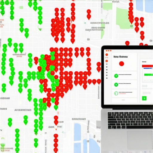 A visual representation of local search rankings using a heatmap grid on a city map.