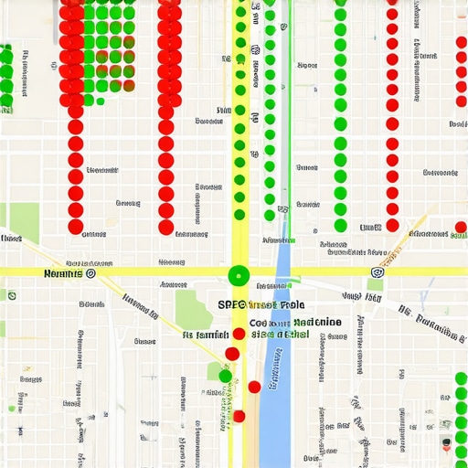A digital map showing local search ranking performance with green markers indicating top map pack placement.