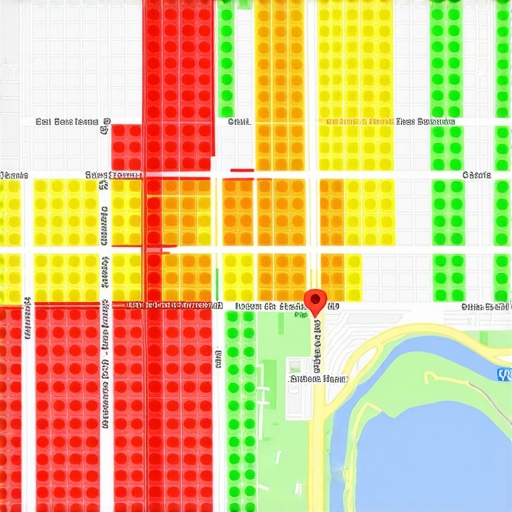 A rank tracking heatmap showing green and red placement markers for a local business on a map.