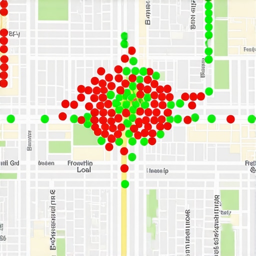 A visualization of map pack placement across different geographic locations using a rank tracking tool.