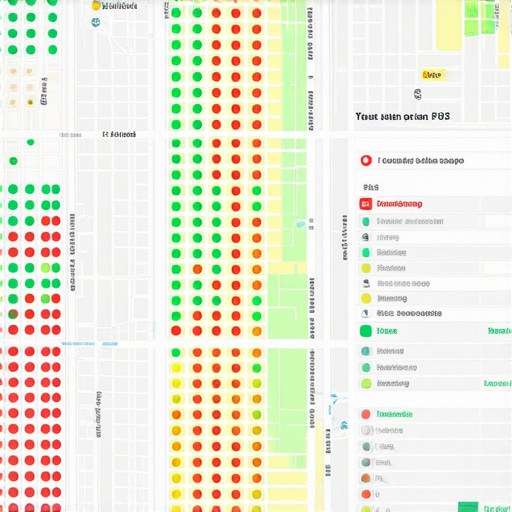 A digital heatmap displaying local business ranking positions across different neighborhood coordinates.