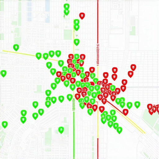 A grid-based rank tracking tool showing the status of local pack placement across different city blocks.