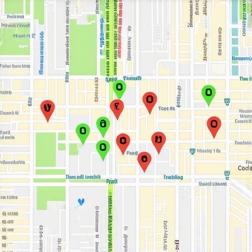 Digital dashboard showing local map pack ranking data across a neighborhood grid.