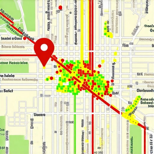 A heatmap showing local business map pack placement across a city grid.
