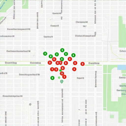 Local SEO grid tracking map showing ranking positions across different geographic points.