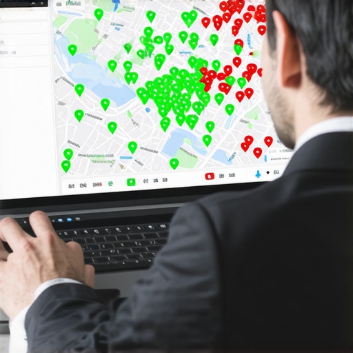 Monitoring local map pack rankings and visibility A heatmap visualization showing a business's local map pack ranking across different geographic locations in a city.