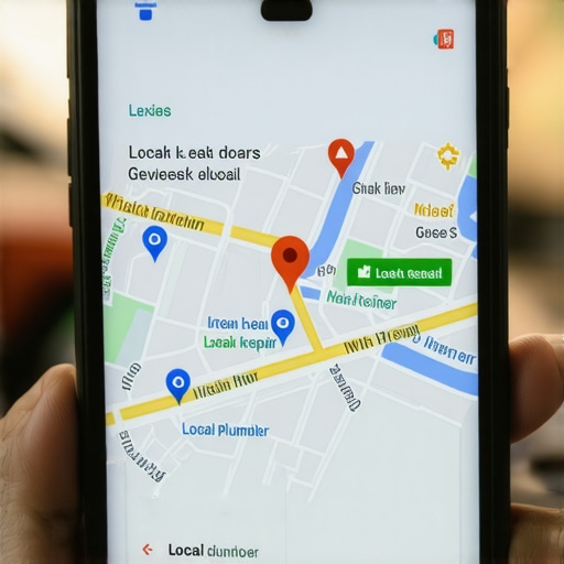 A smartphone screen displaying a local business review on Google Maps with highlighted service-specific keywords for SEO ranking.