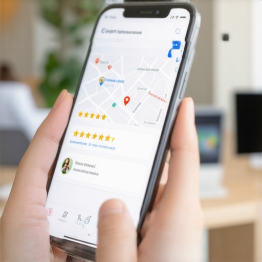 A smartphone displaying local business map pack results with high ratings.