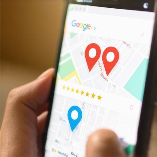 Optimizing Mobile Search Results Close up of smartphone screen showing local map pack results with top rated businesses.