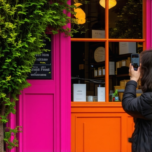 A person photographing a business storefront to improve local map pack visibility.