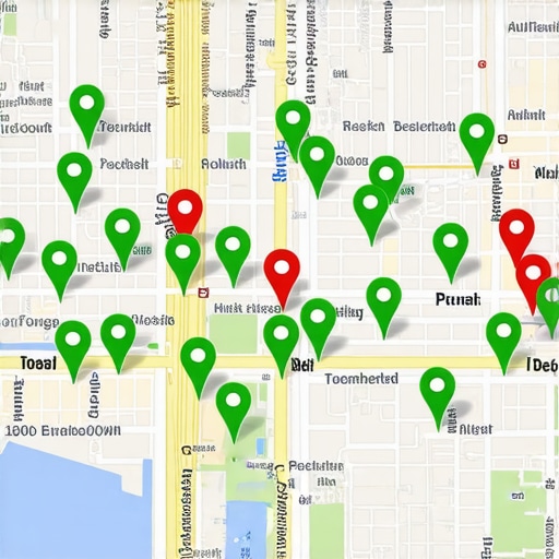 A digital grid showing local search rankings across a specific neighborhood for a business